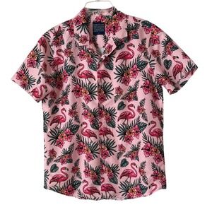 Broken Threads Mens Pink Flamingo Tropical Floral Button-Up Shirt Short Sleeves